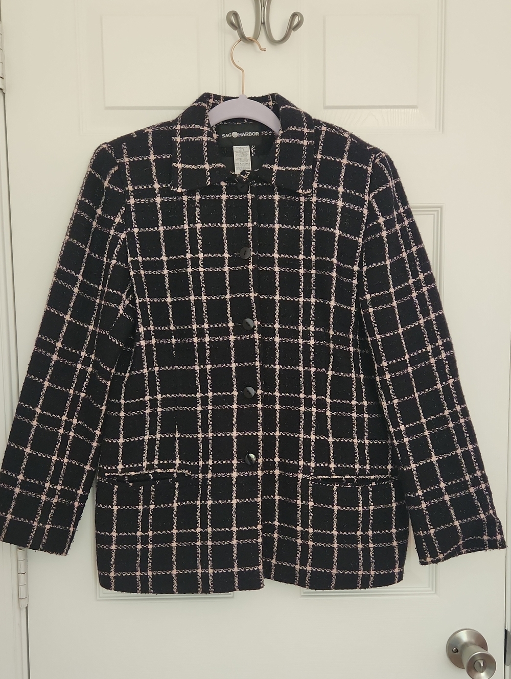90s Vintage Preppy Office Dark Academia Black Tweed Jacket Pink Windowpane Check